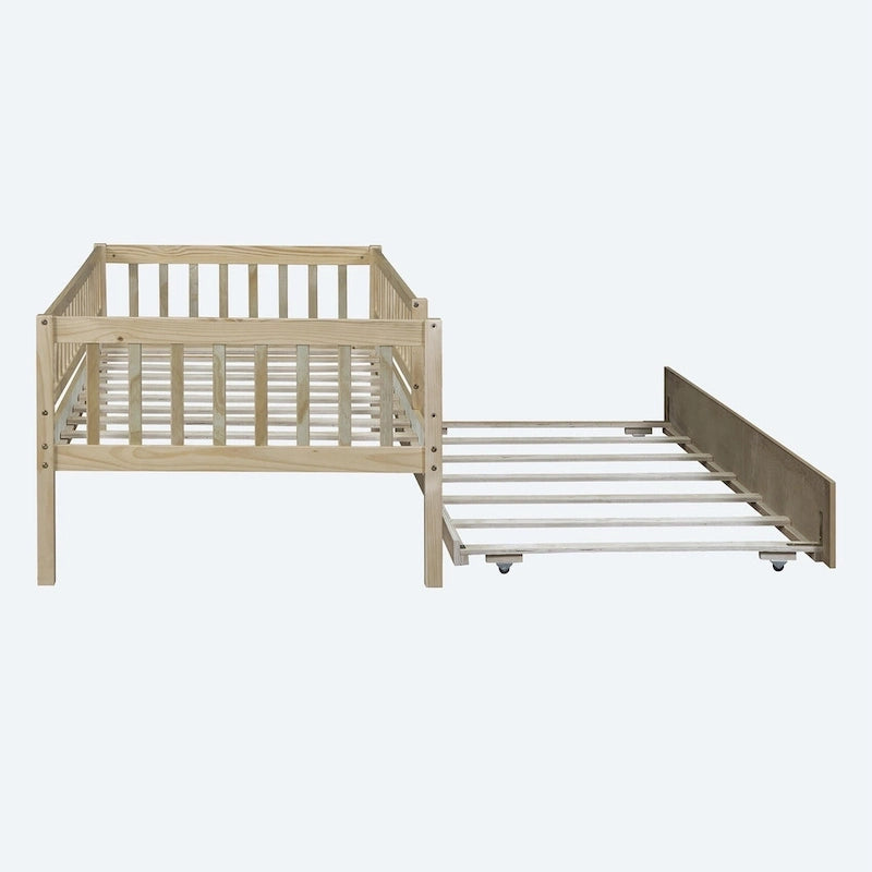 Twin Size Wood Daybed with Trundle and Fence Guardrails