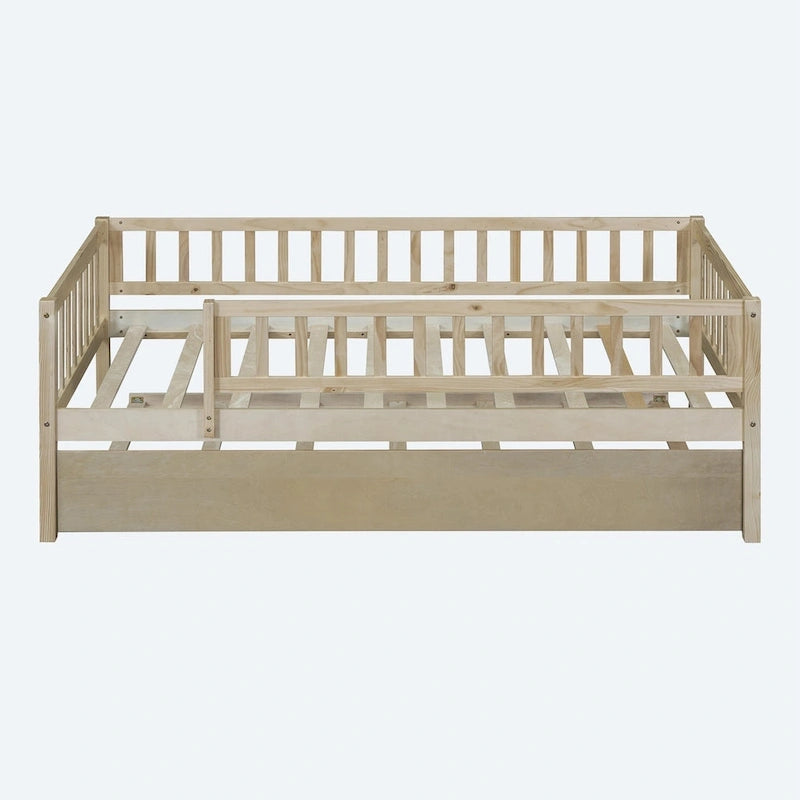 Twin Size Wood Daybed with Trundle and Fence Guardrails