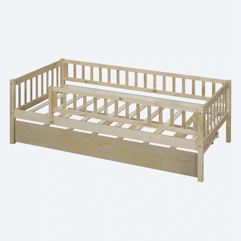 Twin Size Wood Daybed with Trundle and Fence Guardrails
