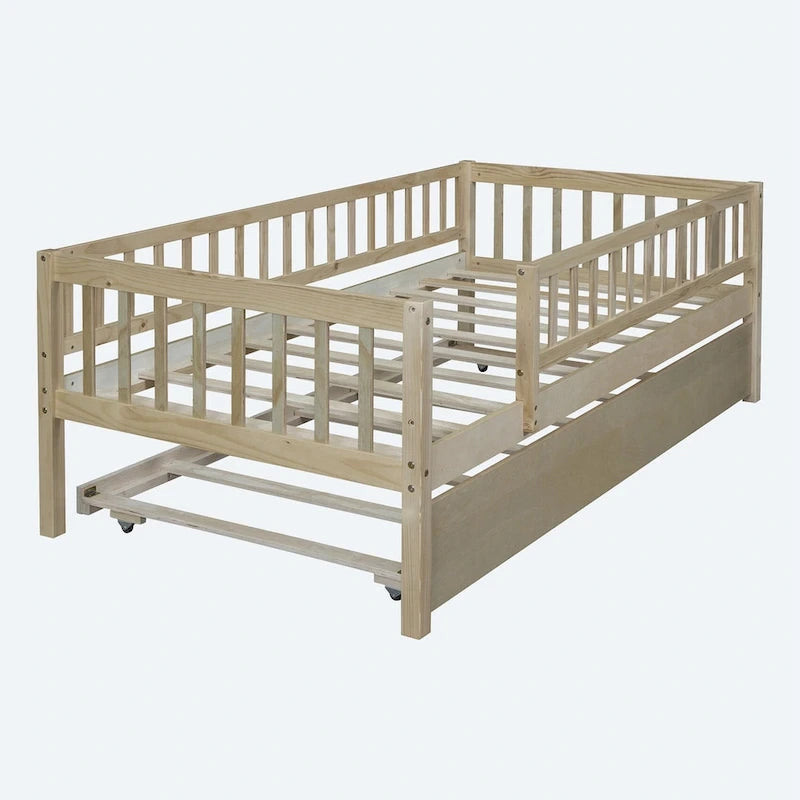 Twin Size Wood Daybed with Trundle and Fence Guardrails