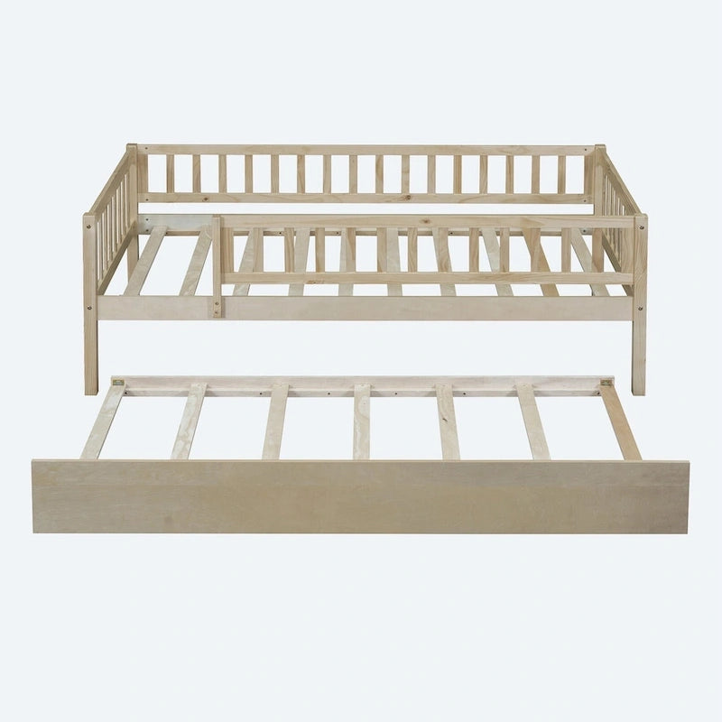 Twin Size Wood Daybed with Trundle and Fence Guardrails