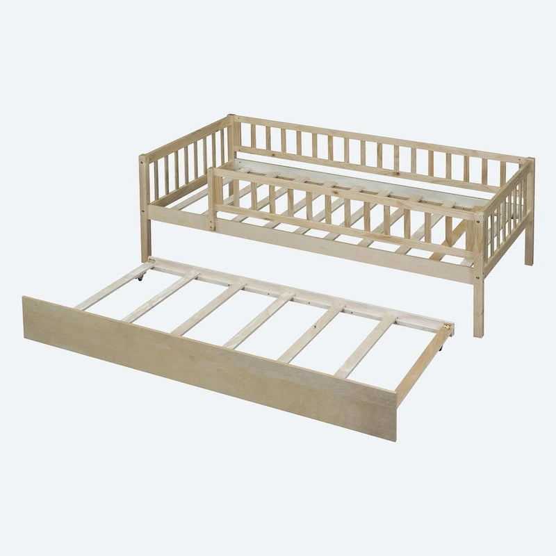 Twin Size Wood Daybed with Trundle and Fence Guardrails