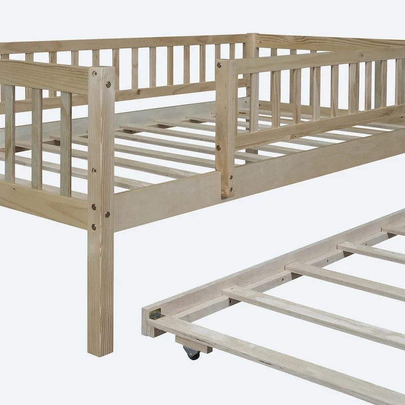 Twin Size Wood Daybed with Trundle and Fence Guardrails