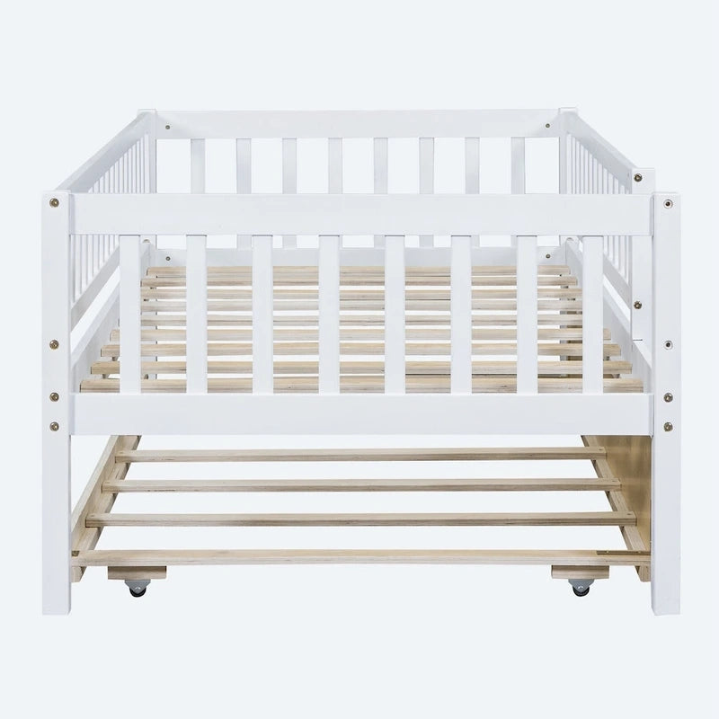 Twin Size Wood Daybed with Trundle and Fence Guardrails