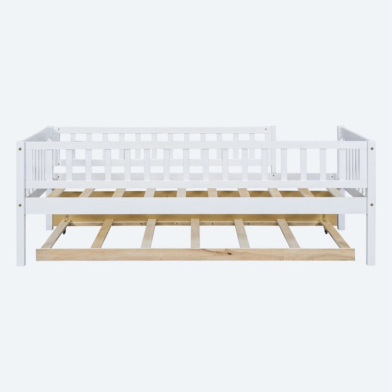 Twin Size Wood Daybed with Trundle and Fence Guardrails