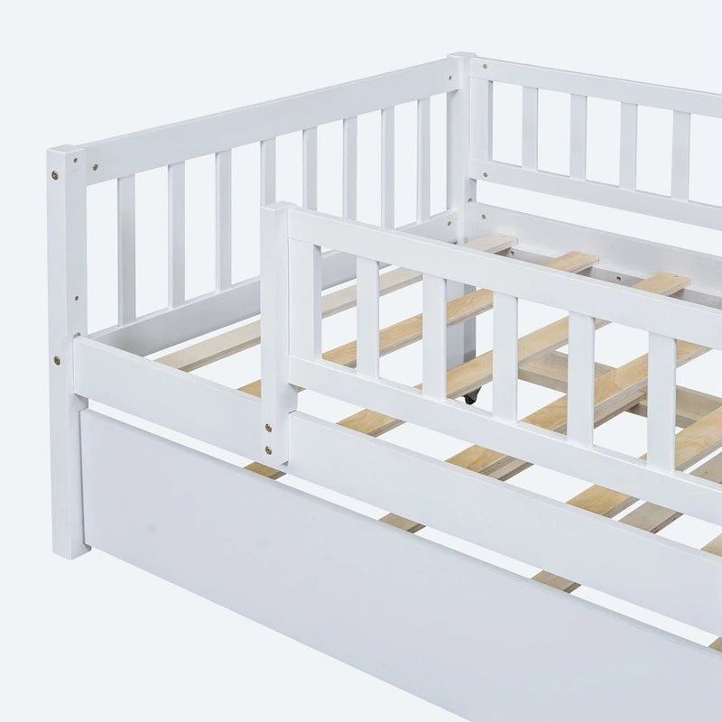 Twin Size Wood Daybed with Trundle and Fence Guardrails