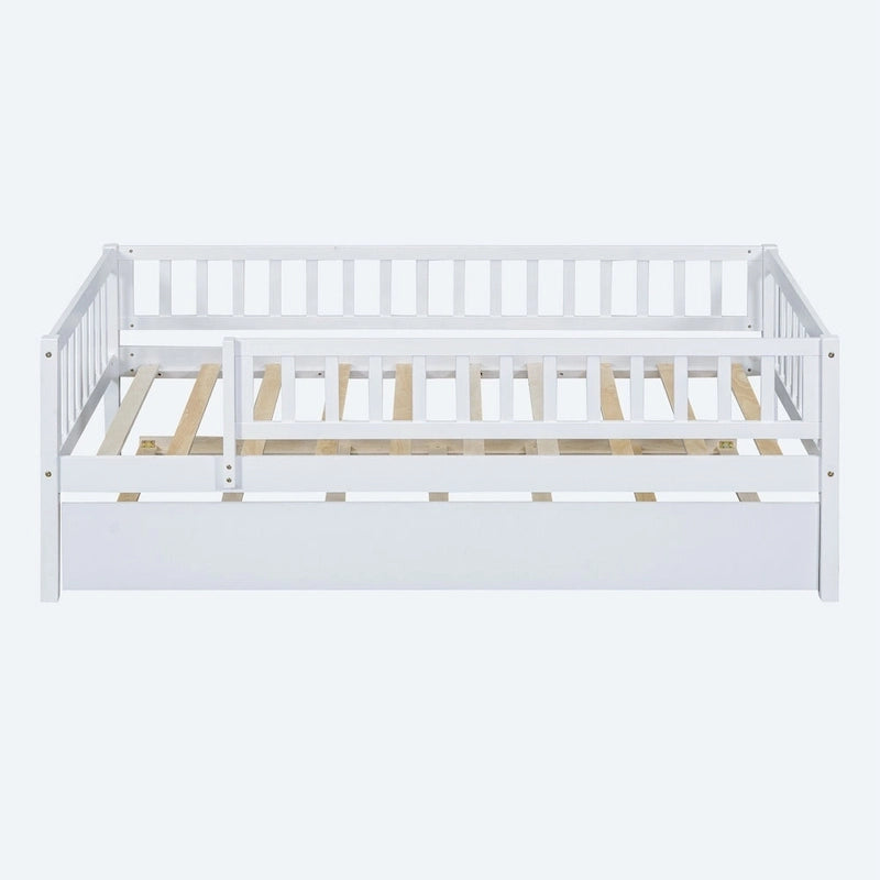 Twin Size Wood Daybed with Trundle and Fence Guardrails