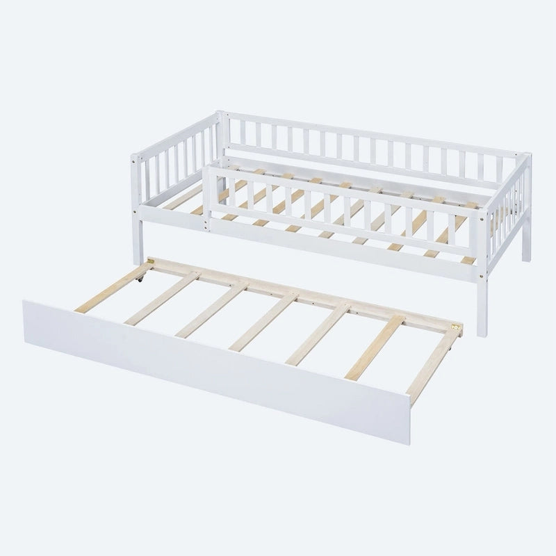Twin Size Wood Daybed with Trundle and Fence Guardrails