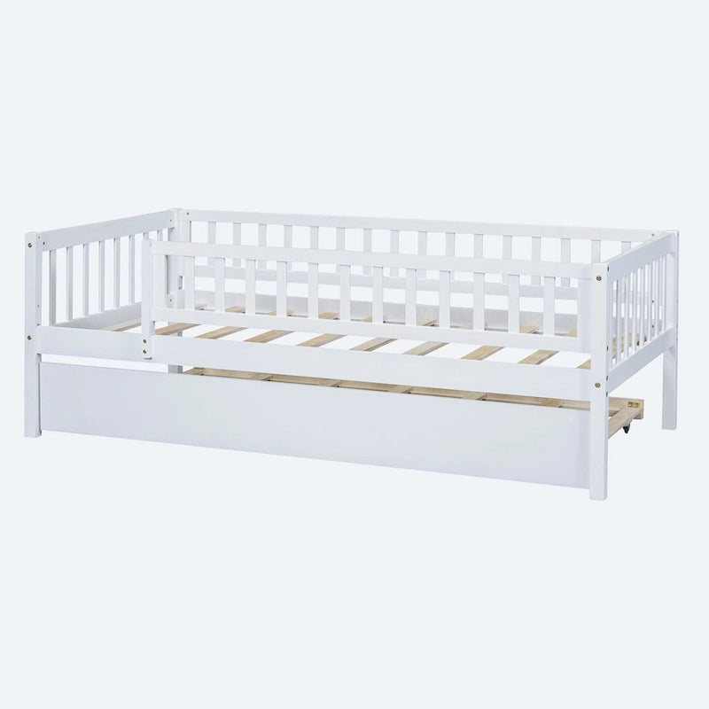 Twin Size Wood Daybed with Trundle and Fence Guardrails