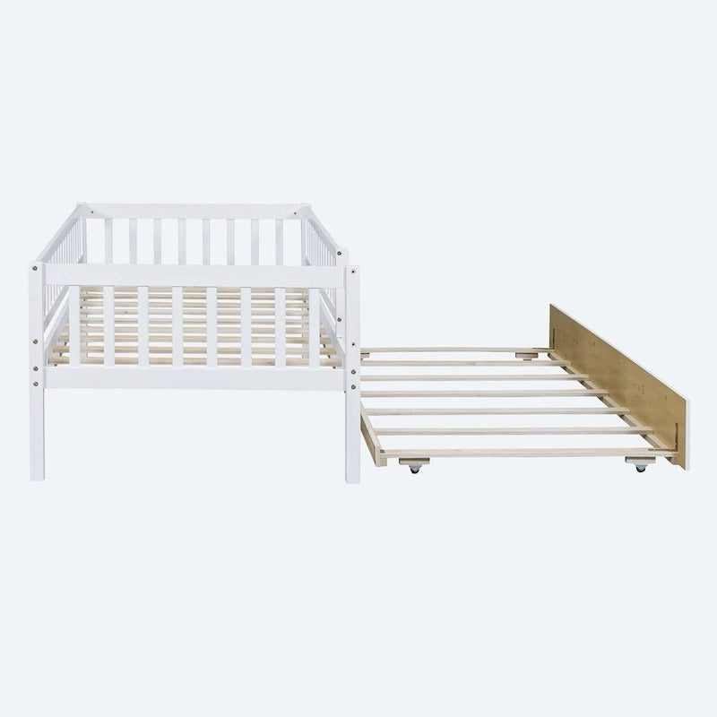 Twin Size Wood Daybed with Trundle and Fence Guardrails