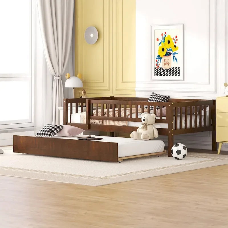 Twin Size Wood Daybed with Trundle and Fence Guardrails