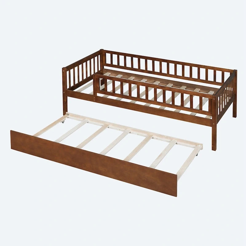 Twin Size Wood Daybed with Trundle and Fence Guardrails