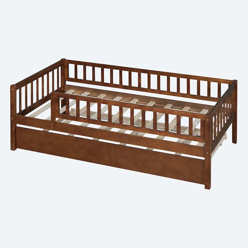 Twin Size Wood Daybed with Trundle and Fence Guardrails
