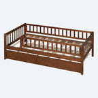 Twin Size Wood Daybed with Trundle and Fence Guardrails