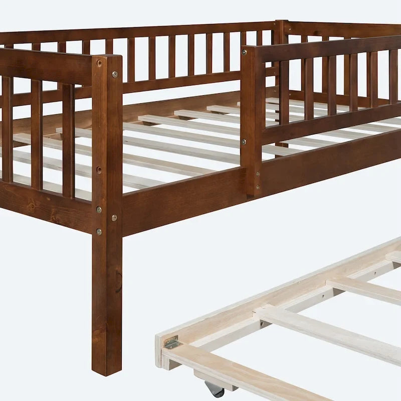 Twin Size Wood Daybed with Trundle and Fence Guardrails