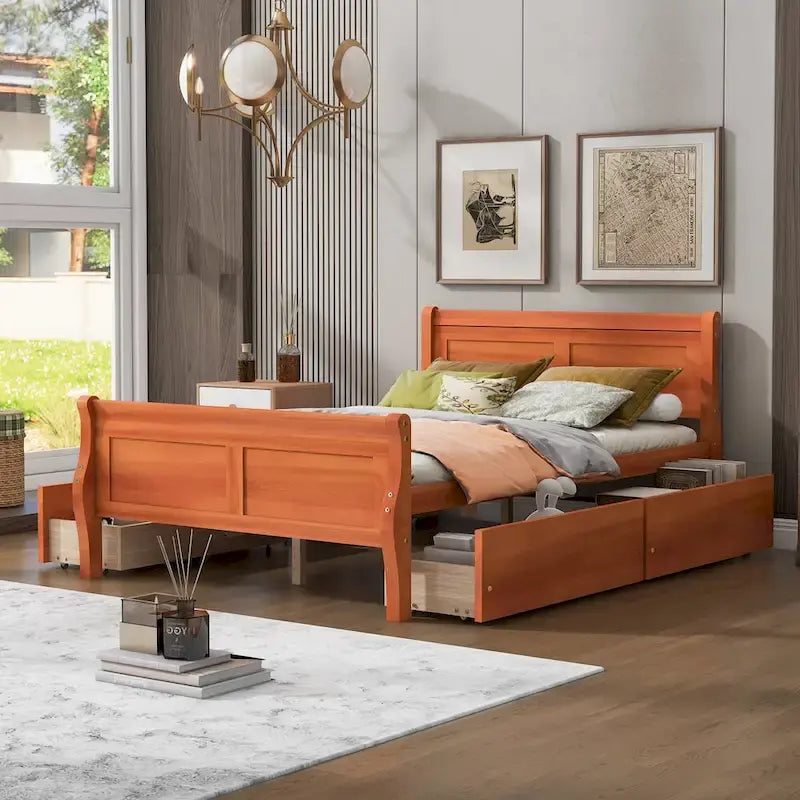 Full Size Wood Platform Bed with 4 Drawers and Streamlined Headboard