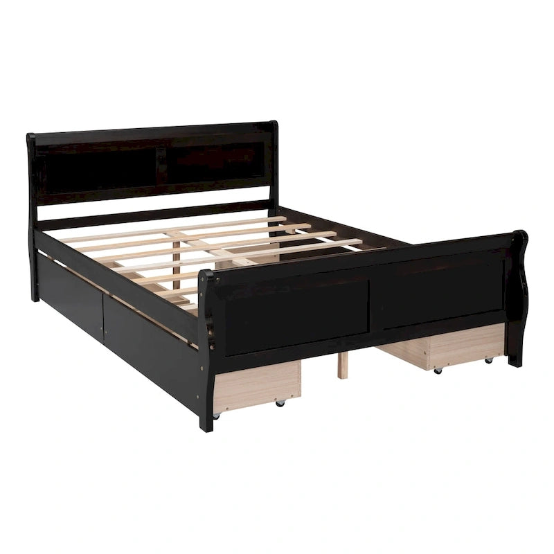 Full Size Wood Platform Bed with 4 Drawers and Streamlined Headboard