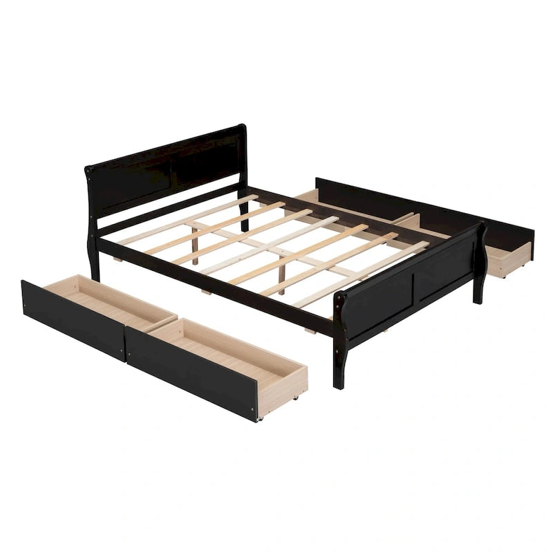 Full Size Wood Platform Bed with 4 Drawers and Streamlined Headboard