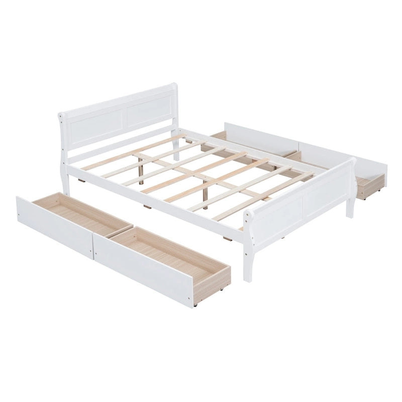 Full Size Wood Platform Bed with 4 Drawers and Streamlined Headboard