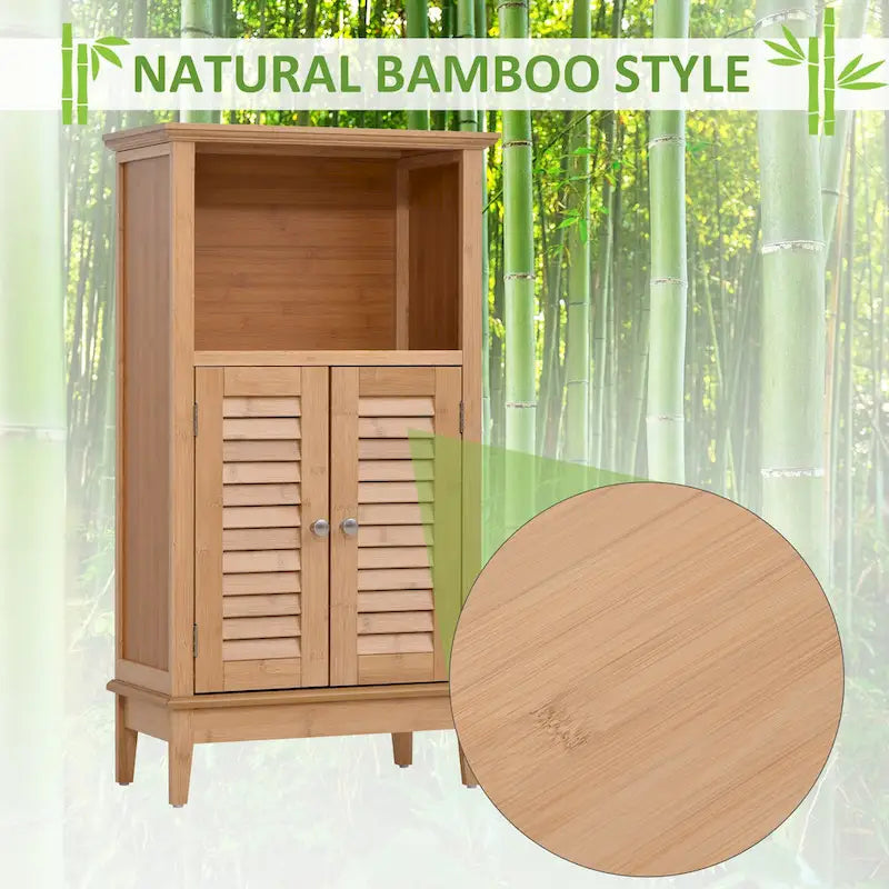 HOMCOM Bamboo Floor Cabinet Bathroom Floor Cabinet Living Room Organizer Tower with Multiple Shelves and Doors, Natural