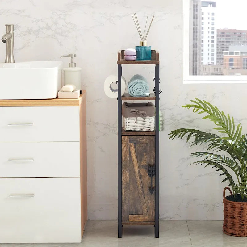 Wood Tall Bathroom Linen Cabinet Small Bathroom Storage Corner Floor Cabinet with Doors and Shelves Toilet Paper Holder