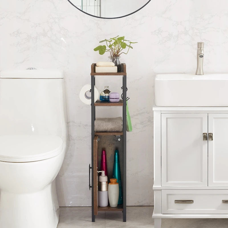 Wood Tall Bathroom Linen Cabinet Small Bathroom Storage Corner Floor Cabinet with Doors and Shelves Toilet Paper Holder