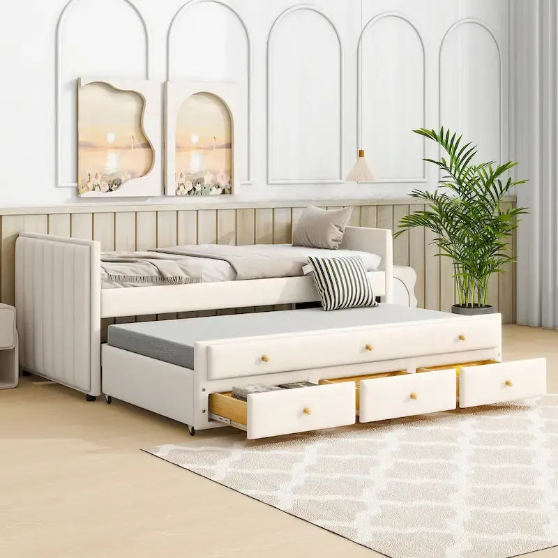Twin Size Upholstered Daybed with Twin Size Trundle and Drawers, Velvet, Beige