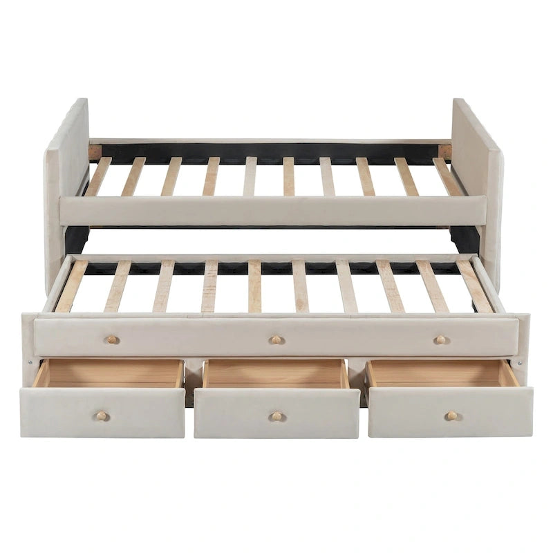 Twin Size Upholstered Daybed with Twin Size Trundle and Drawers, Velvet, Beige