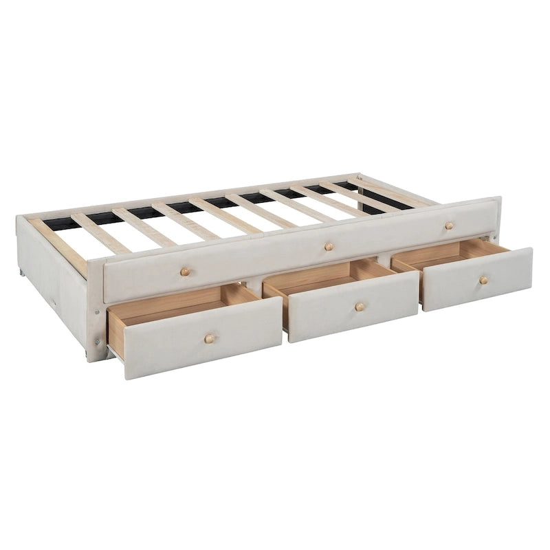 Twin Size Upholstered Daybed with Twin Size Trundle and Drawers, Velvet, Beige