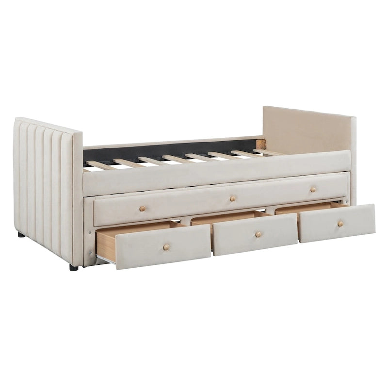 Twin Size Upholstered Daybed with Twin Size Trundle and Drawers, Velvet, Beige