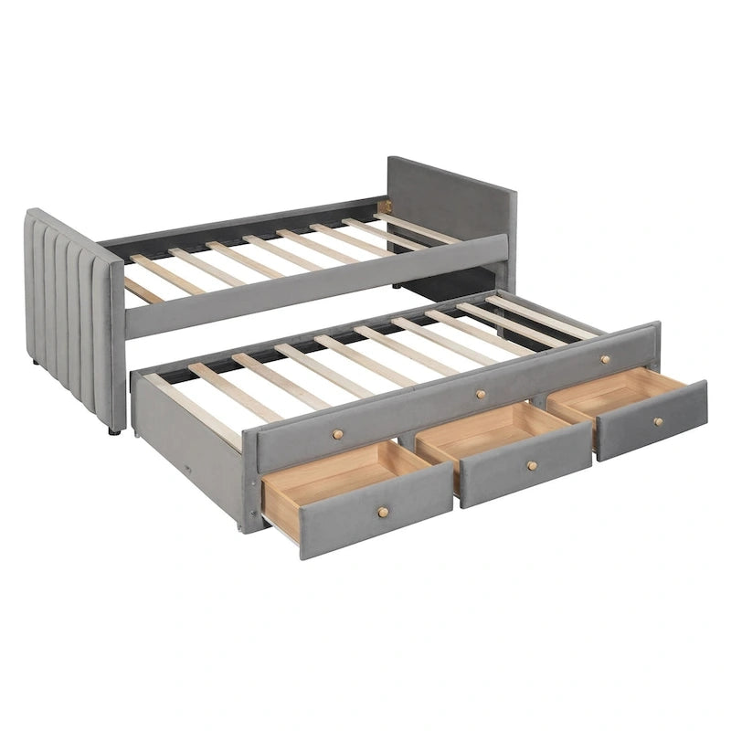 Twin Size Upholstered Daybed with Twin Size Trundle and Drawers, Velvet, Beige