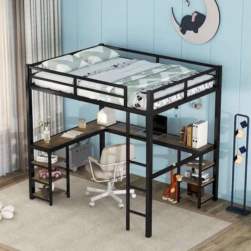 Full Metal Loft Bed with Desk and Shelves, Loft Bed with Ladder and Guardrails, Loft Bed Frame for Bedroom, Black
