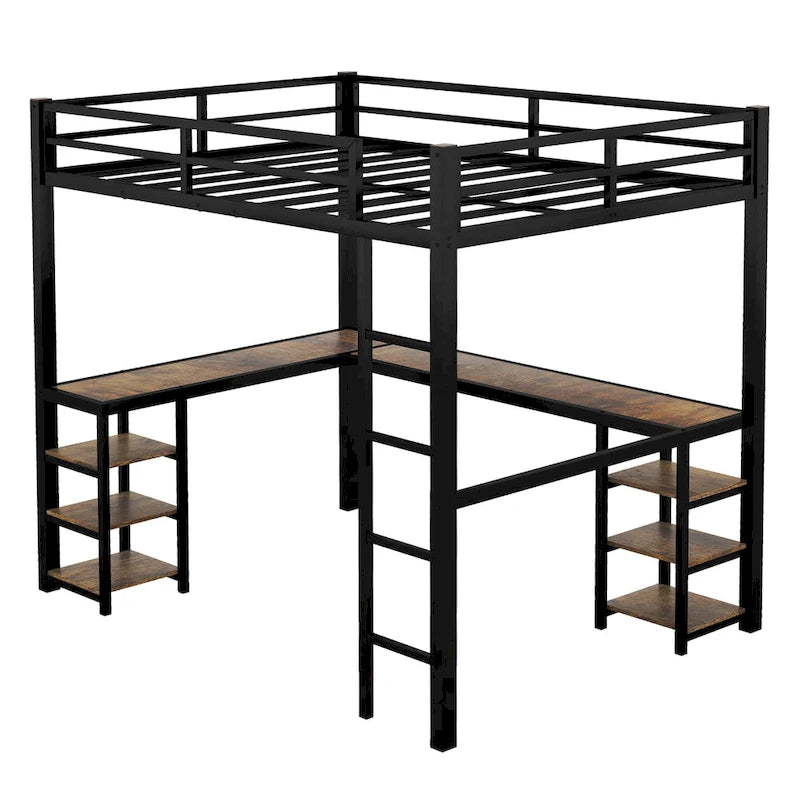 Full Metal Loft Bed with Desk and Shelves, Loft Bed with Ladder and Guardrails, Loft Bed Frame for Bedroom, Black