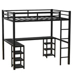 Full Metal Loft Bed with Desk and Shelves, Loft Bed with Ladder and Guardrails, Loft Bed Frame for Bedroom, Black