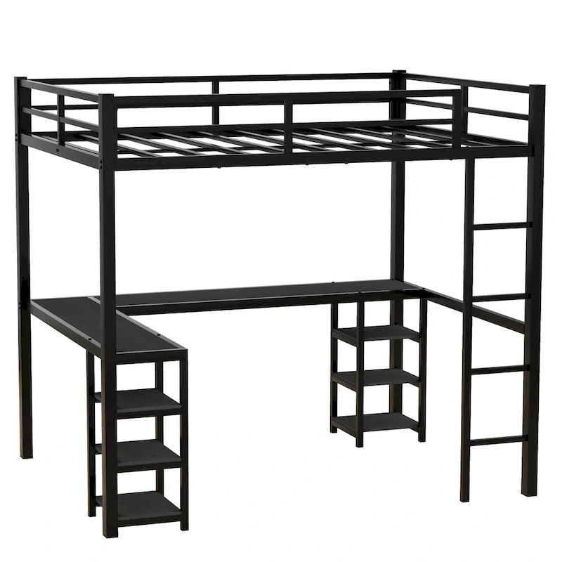 Full Metal Loft Bed with Desk and Shelves, Loft Bed with Ladder and Guardrails, Loft Bed Frame for Bedroom, Black