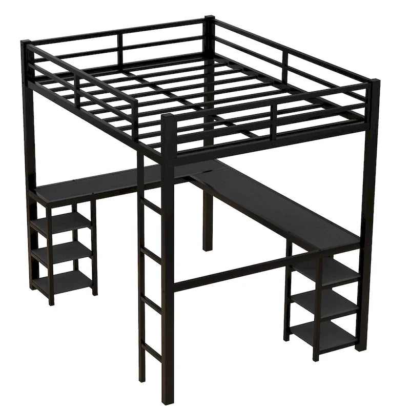Full Metal Loft Bed with Desk and Shelves, Loft Bed with Ladder and Guardrails, Loft Bed Frame for Bedroom, Black