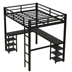 Full Metal Loft Bed with Desk and Shelves, Loft Bed with Ladder and Guardrails, Loft Bed Frame for Bedroom, Black