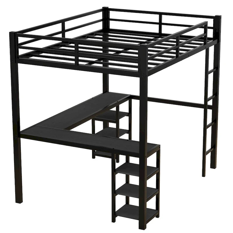 Full Metal Loft Bed with Desk and Shelves, Loft Bed with Ladder and Guardrails, Loft Bed Frame for Bedroom, Black