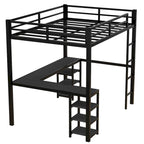 Full Metal Loft Bed with Desk and Shelves, Loft Bed with Ladder and Guardrails, Loft Bed Frame for Bedroom, Black