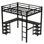 Full Metal Loft Bed with Desk and Shelves, Loft Bed with Ladder and Guardrails, Loft Bed Frame for Bedroom, Black