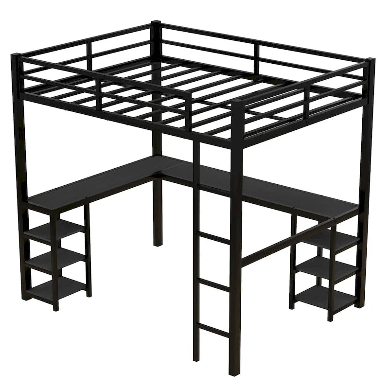 Full Metal Loft Bed with Desk and Shelves, Loft Bed with Ladder and Guardrails, Loft Bed Frame for Bedroom, Black