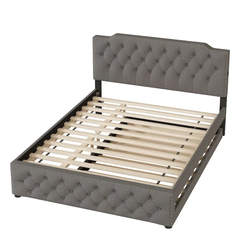 Queen Size Upholstered Platform Bed with Twin Size Trundle and 2 sets of USB Ports on each side, Linen Fabric, Beige