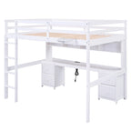 Full Size Loft Bed with Desk, Cabinets, Drawers and Bedside Tray, Charging Station, Gray