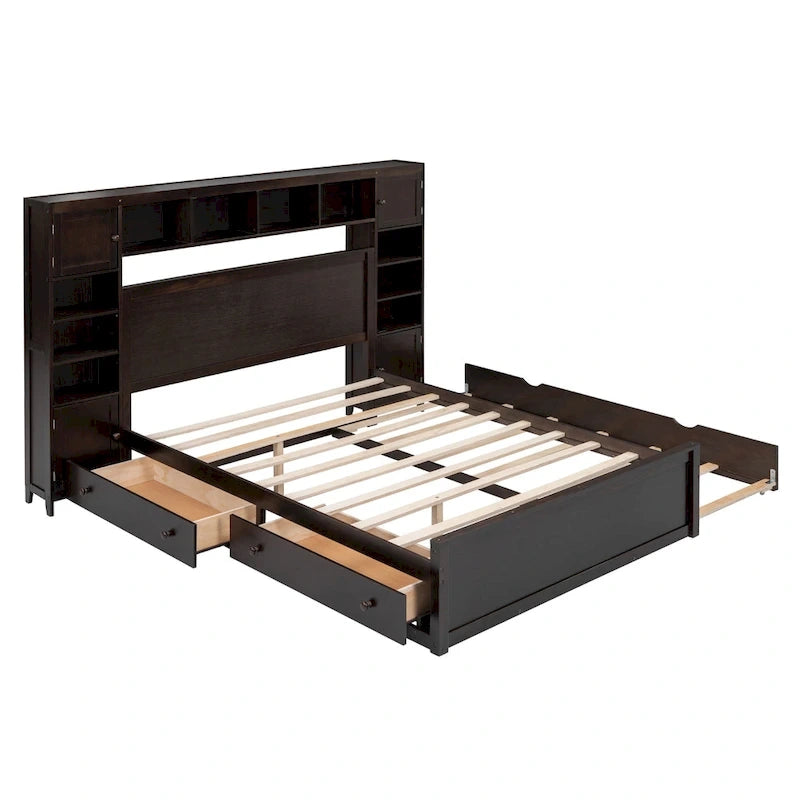 Queen Size Wooden Bed With All-in-One Cabinet, Shelf and Sockets, Espresso