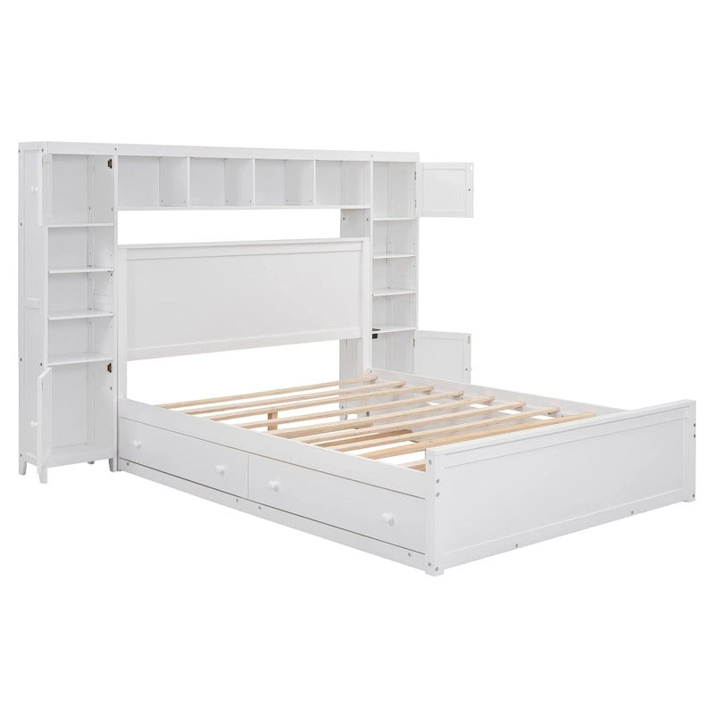 Queen Size Wooden Bed With All-in-One Cabinet, Shelf and Sockets, Espresso