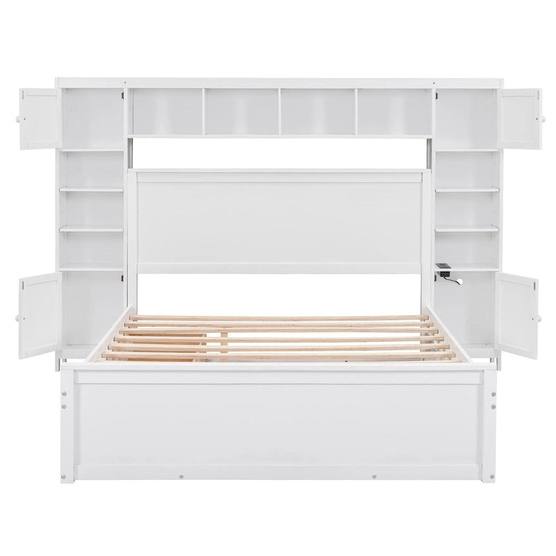 Queen Size Wooden Bed With All-in-One Cabinet, Shelf and Sockets, Espresso