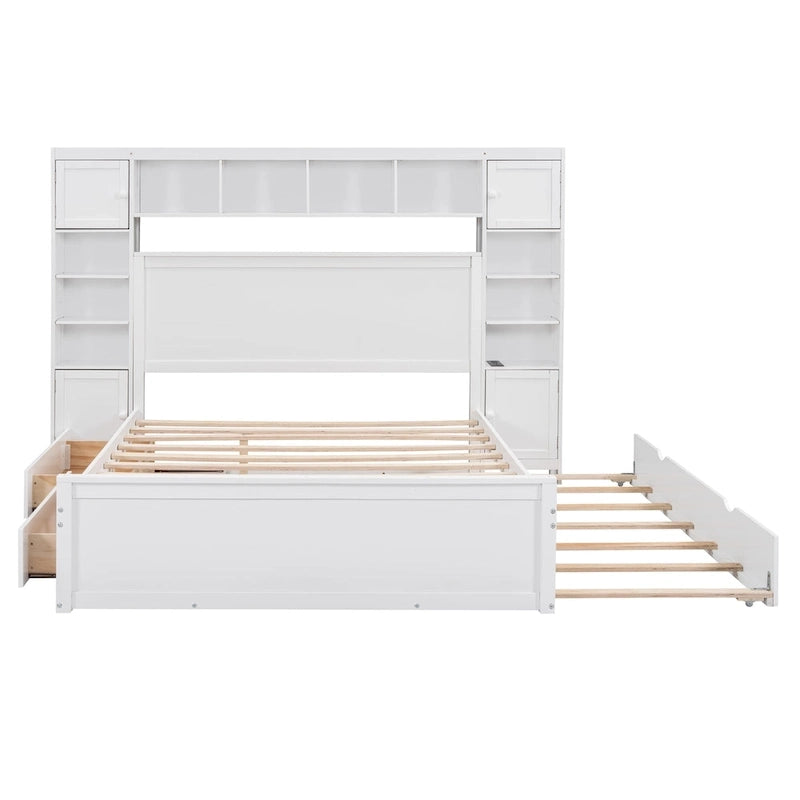 Queen Size Wooden Bed With All-in-One Cabinet, Shelf and Sockets, Espresso
