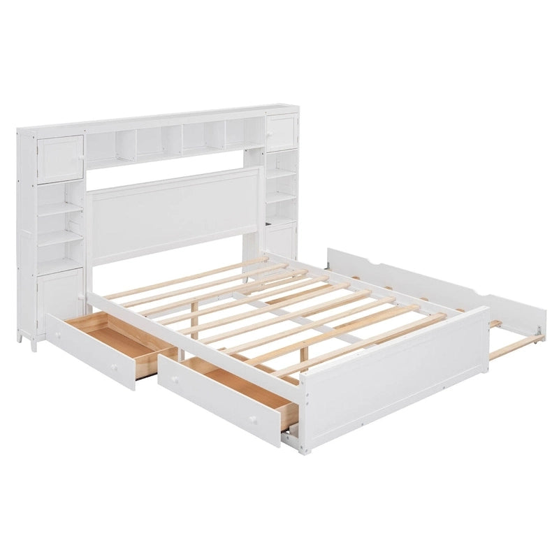 Queen Size Wooden Bed With All-in-One Cabinet, Shelf and Sockets, Espresso