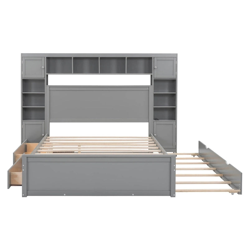 Queen Size Wooden Bed With All-in-One Cabinet, Shelf and Sockets, Espresso