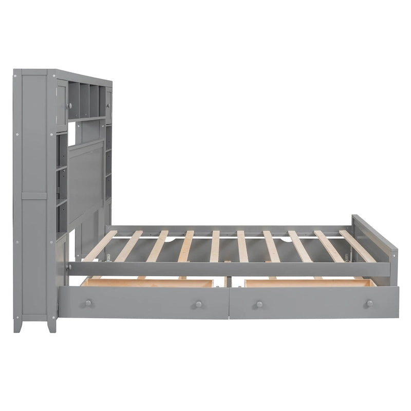 Queen Size Wooden Bed With All-in-One Cabinet, Shelf and Sockets, Espresso